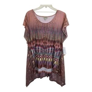 NWT One World Boho Lace Sleeve Shark Bite Hem Blouse Top Pink Hippie Size Large